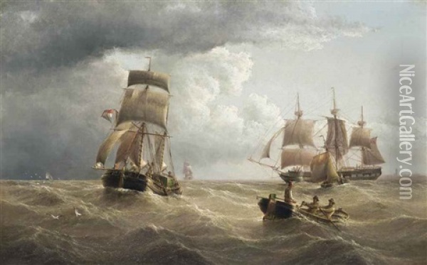 A British Armed Merchantman And A Dutch Barge In Coastal Waters Oil Painting - Henry Redmore
