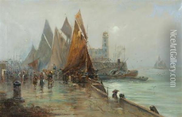 Fisherfolk On A Quay Oil Painting - Thomas Bush Hardy