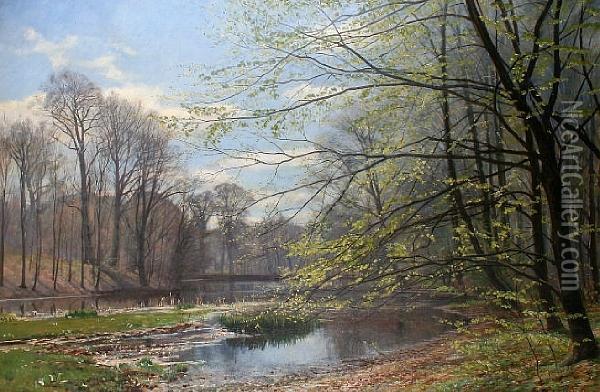 A Wooded Landscape By A Riverside Oil Painting - Christian Zacho