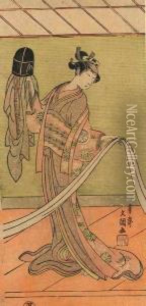 Hosoban Tate-e, Jeune Femme Debout En Kimono Regardant Un Obi Oil Painting - Ippitsusai Buncho
