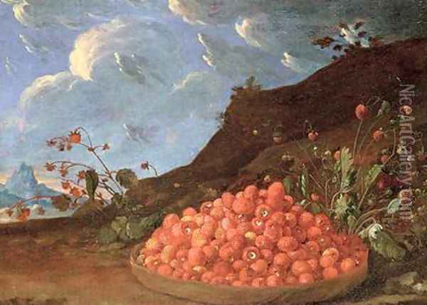 Still Life with a Basket of Wild Strawberries Oil Painting - Luis Egidio Menendez or Melendez