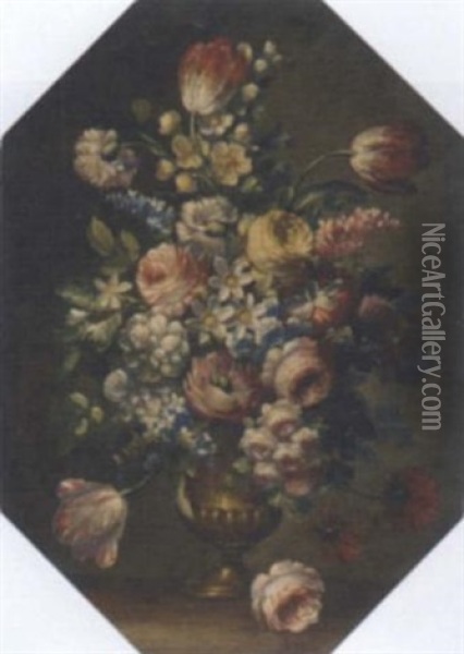 Roses, Tulips, Carnations And Other Mixed Flowers In A Vase Oil Painting - Nicola Casissa
