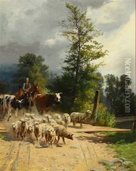 A Horseman With Sheep And Cows Oil Painting - Adolf Heinrich Mackeprang