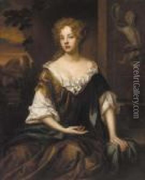 Portrait Of A Lady, 
Three-quarter-length, In An Ochre Dress And Blue Wrap, Beside A 
Fountain, With A Landscape Beyond Oil Painting - William Wissing or Wissmig