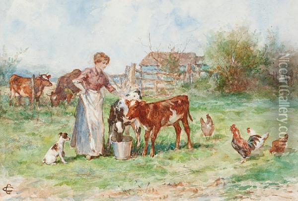 Milkmaid With Calves, And Companion Oil Painting - Claude Cardon
