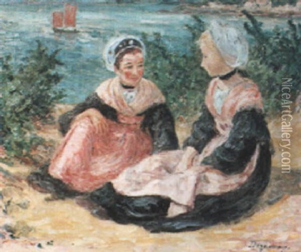 Deux Jeunes Bretonnes Et Le Sinagot Sur Le Golfe Oil Painting - Emile Alfred Dezaunay