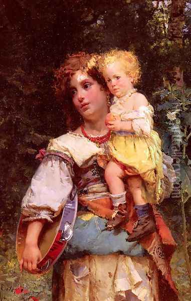 Gypsy Woman and Child Oil Painting - Cesare-Auguste Detti