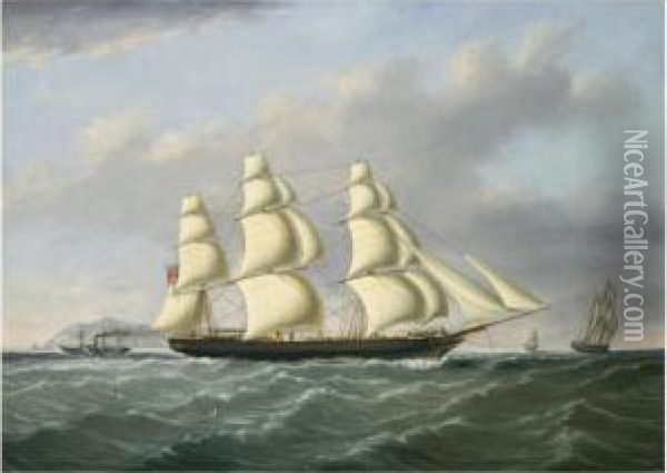A Three Masted Ship Under Full 
Sail Outward Bound From Liverpool Off Holyhead And The South Stack Oil Painting - Joseph Heard