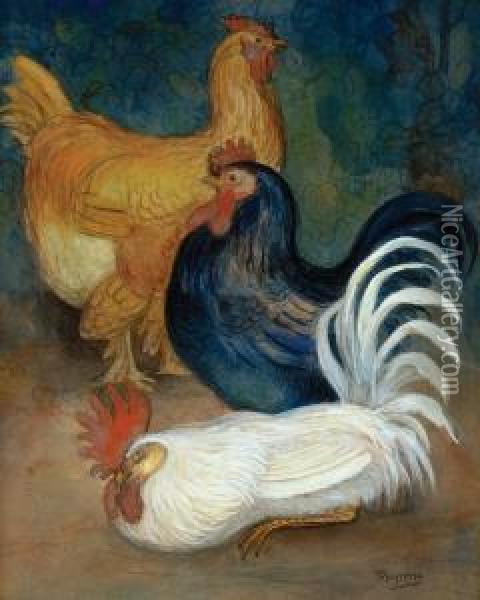 Two Hens And A Rooster Oil Painting - Theodorus Van Hoytema
