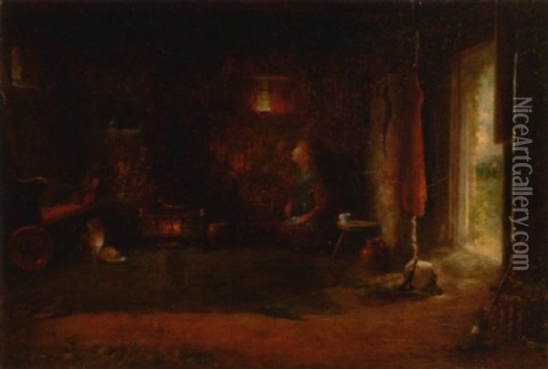 A Cottage Interior With A Girl Seated By The Fire Oil Painting - Frederick Daniel Hardy