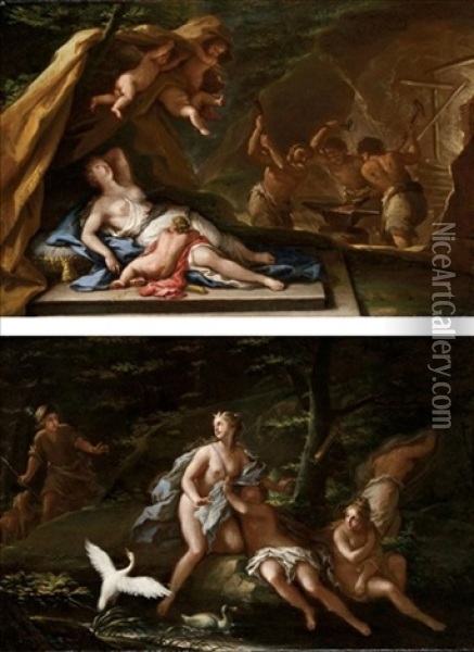 Venere Nella Fucina Di Vulcano (+ Diana E Atteone; Pair) Oil Painting - Giovanni Battista Lama