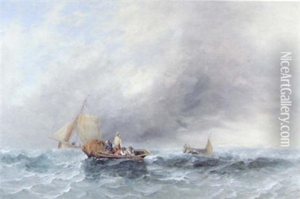 Fishermen Hauling In Nets In A Squall, Sailing Boats Beyond Oil Painting - Edward Duncan