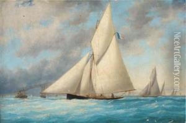 A French Regatta With A Racing Cutter Approaching The Finishing Line Oil Painting - Charles Leduc