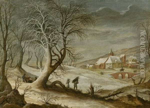 Winterlandschaft Mit Blick Auf Ein Dorf Und Holzsammlern Im Vordergrund Oil Painting - Frans de Momper
