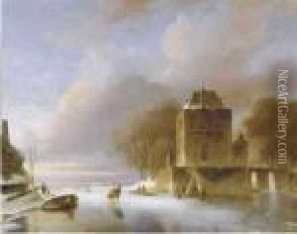 Skaters On A Frozen River With A Koek En Zopie By A Mansion Oil Painting - Nicholas Jan Roosenboom