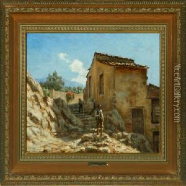 Italian Villagelife With People On A Staircase Oil Painting - N. F. Schiottz-Jensen