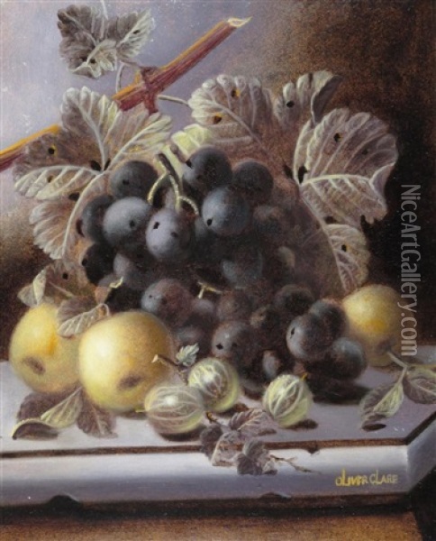 Still Life Of Grapes And Apples On A Ledge Oil Painting - Oliver Clare