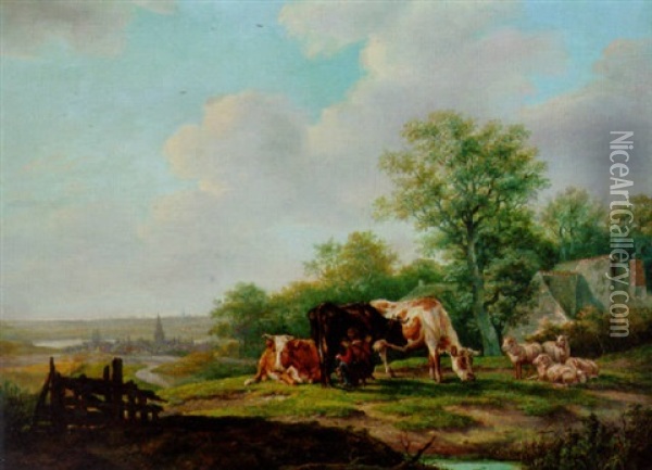 Cattle And Sheep In A Farm Landscape With A Village Beyond Oil Painting - Anthony Jacobus Offermans