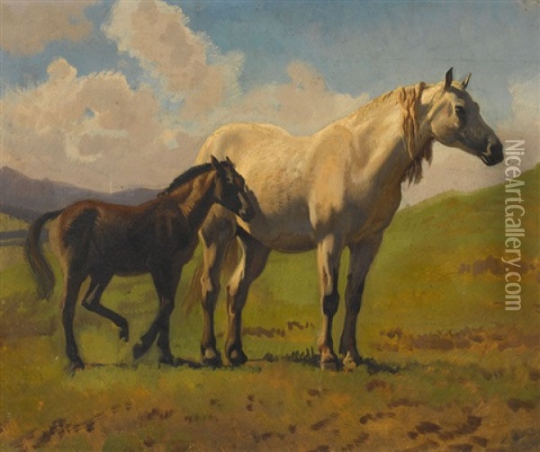 Jument Et Son Poulain Oil Painting - Albert Lugardon
