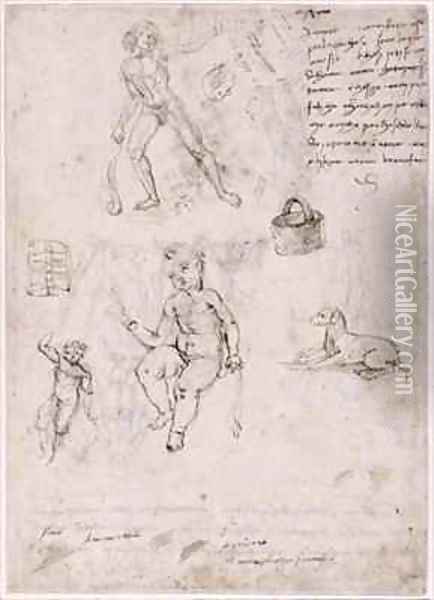 Sheet of studies with naked young man basket dog children Oil Painting - Francesco di Simone da Fiesole Ferrucci