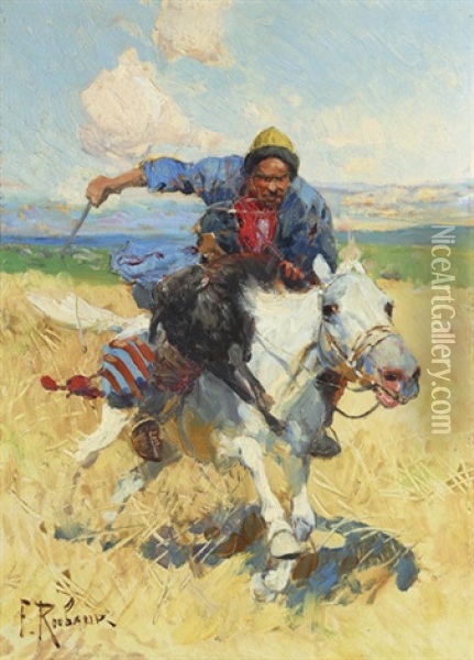 A Circassian On Horseback Oil Painting - Franz Roubaud