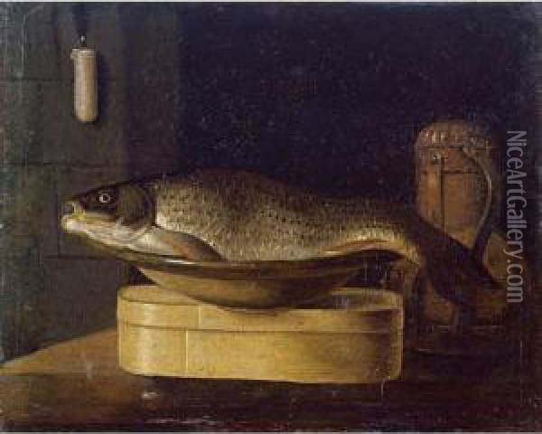 Still Life Of A Carp In A Bowl Placed On A Wooden Box, All Resting On A Table Oil Painting - Sebastien Stoskopff