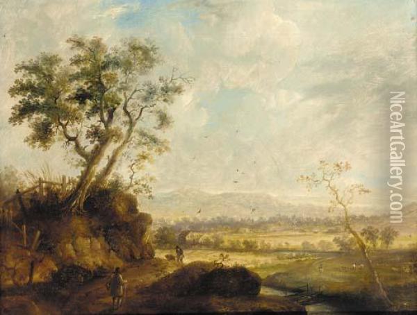 Figures In An Extensive Landscape Oil Painting - Patrick, Peter Nasmyth