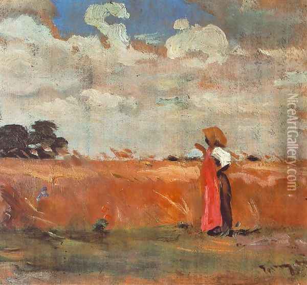 Wheatland with Woman of Shawl 1912 Oil Painting - Janos Tornyai
