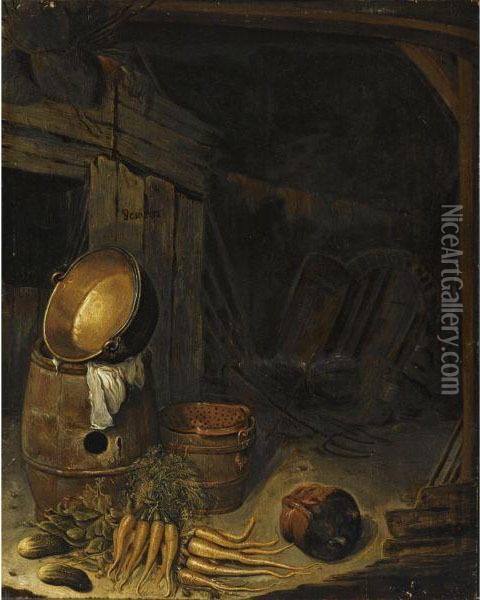 Barn Interior With A Still Life Of Carrots, Gherkins, A Barrel And A Copper Pot, With An Earthenware Bowl And A Strainer Oil Painting - B. Cornelisz