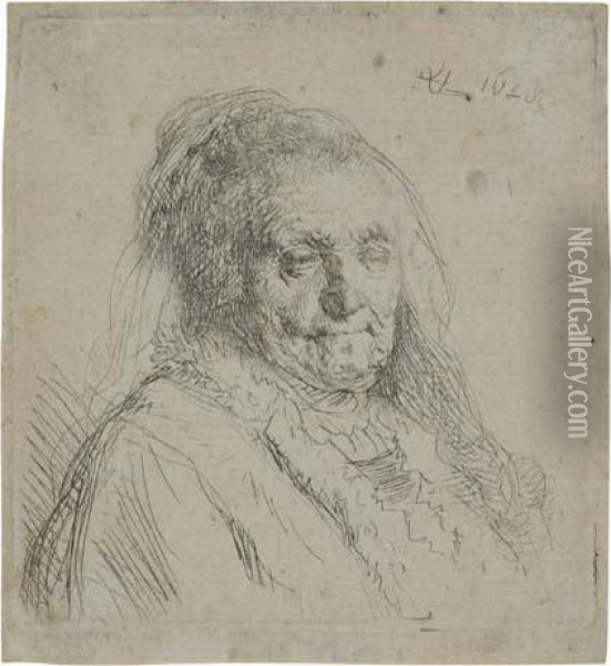 The Artist's Mother, Head And Bust: Three-quartersright Oil Painting - Rembrandt Van Rijn