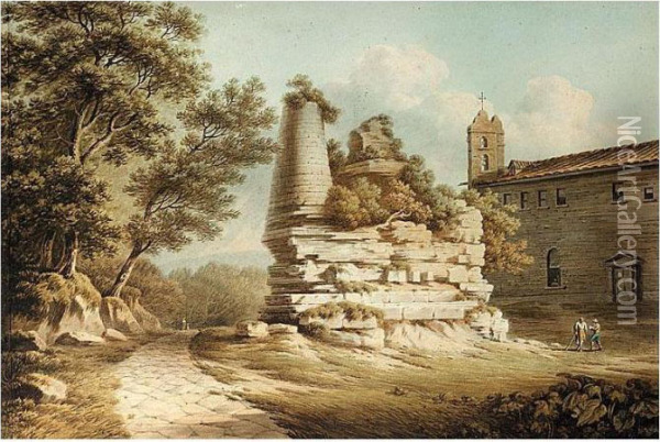 Figures By A Church And Some Ruins, Italy Oil Painting - John Warwick Smith