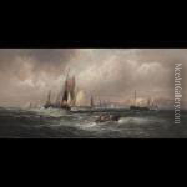 Fishing In Heavy Seas Oil Painting - William A. Thornley Or Thornber