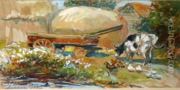 Farmstead With Hay Cart Oil Painting - Albert Francois Fleury