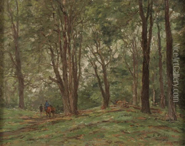 Two Horseback Riders On Wooded Path Oil Painting - Georg Hacker
