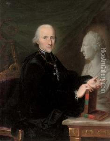 Portrait Of A Cleric, Three-quarter-length, A Book In His Right Hand, By A Marble Bust Oil Painting - Karl Kaspar Pitz