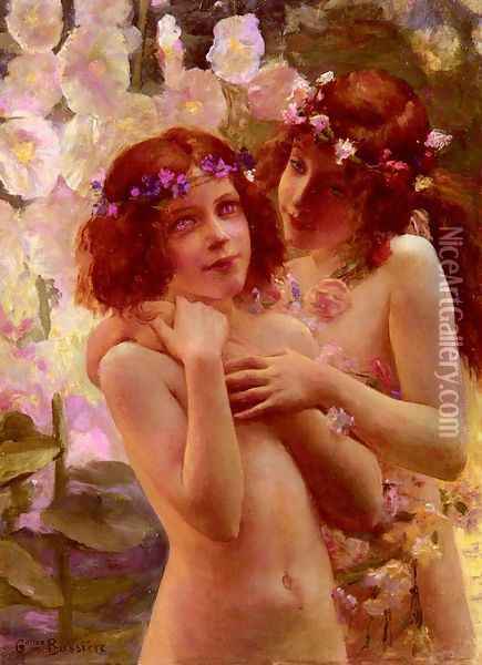 Deux Enfants Aux Couronnes De Fleurs (Two Children with Crowns of Flowers) Oil Painting - Gaston Bussiere