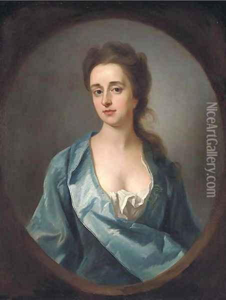 Portrait of Mary Dowdeswell, half-length, in a blue gown, feigned oval Oil Painting - Michael Dahl