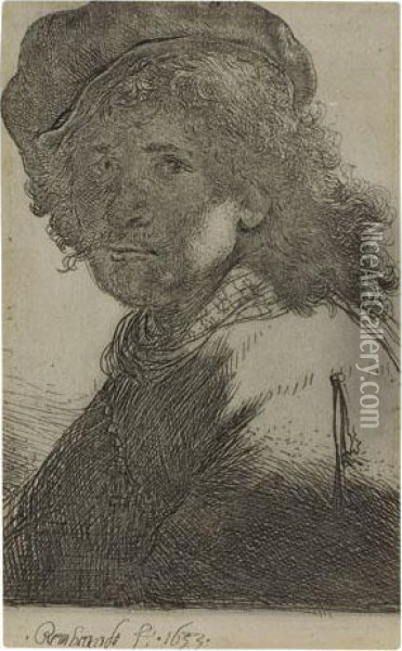 Self Portrait In A Cap And Scarf With The Face Dark:bust Oil Painting - Rembrandt Van Rijn