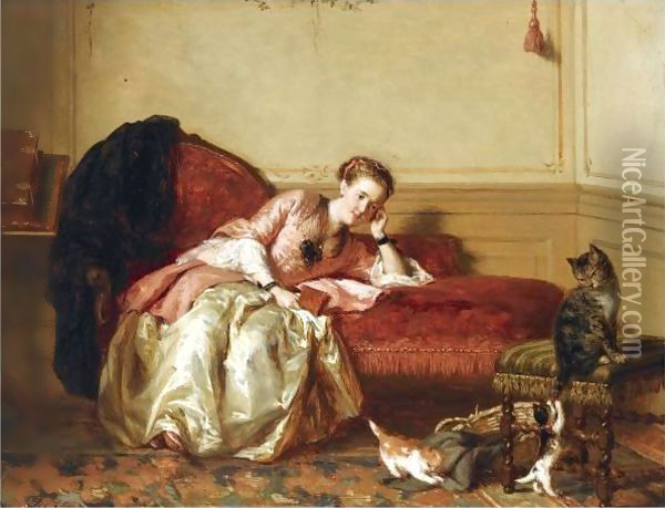 Watching The Kittens Play Oil Painting - David Bles