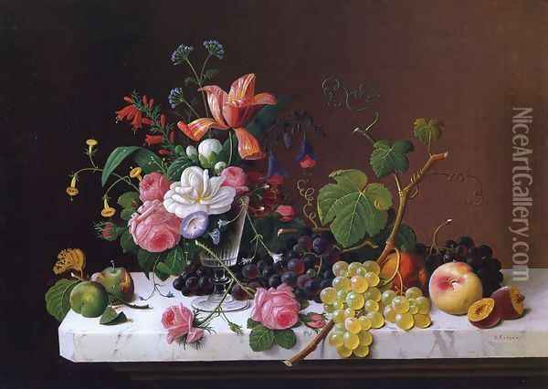 Fruit and Flowers on a Marble Table Ledge Oil Painting - Severin Roesen