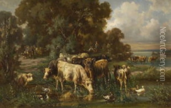Kuhe Am Seeufer Oil Painting - Louis (Ludwig) Reinhardt