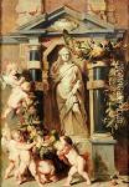 A Statue Of Ceres In A Niche Surrounded By Putti With Swags Of Fruit Oil Painting - Peter Paul Rubens