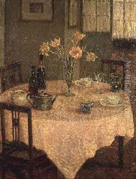 Interior with a Pink Tablecloth Oil Painting - Henri Eugene Augustin Le Sidaner