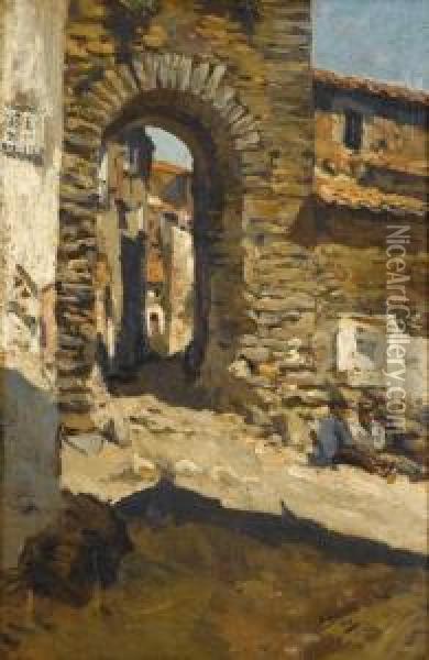 Figures By A Sunlit Archway Oil Painting - Francisco Arasa
