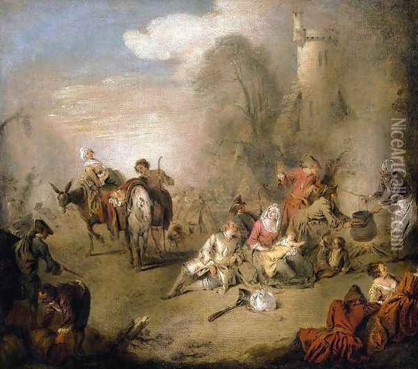 Soldiers and Camp Followers Resting from a March c. 1730 Oil Painting - Jean-Baptiste Joseph Pater