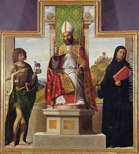 St. Lanfranc of Pavia enthroned between St. John the Baptist and St. Liberius, c.1515-16 Oil Painting - Giovanni Battista Cima da Conegliano