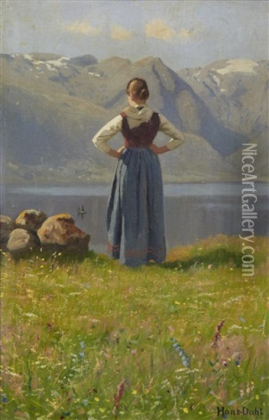 Girl Before A Fjord Oil Painting - Hans Dahl