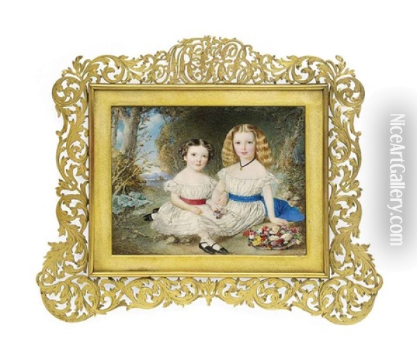 Double Portrait Of Two Daughters Of Richard Fellowes Benyon, Seated In A Woodland Landscape With A Basket Of Flowers, Both In White Dresses Oil Painting - William Egley