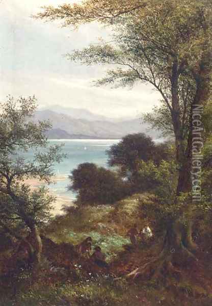 Figures in a wooded landscape, a coastal view beyond Oil Painting - William Heath