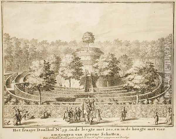 Topiary maze with four exits and a central mound, engraved by Johannes Van den Aveele d.1727 Oil Painting - Nicolaes the Elder Visscher
